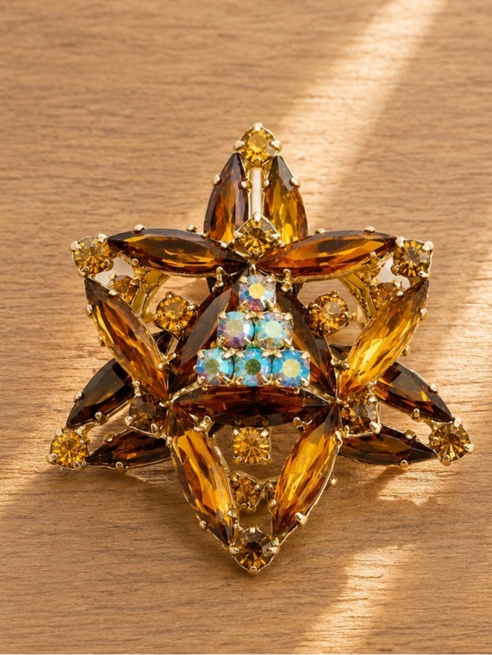 Vintage Amber & Brown Rhinestone Brooch